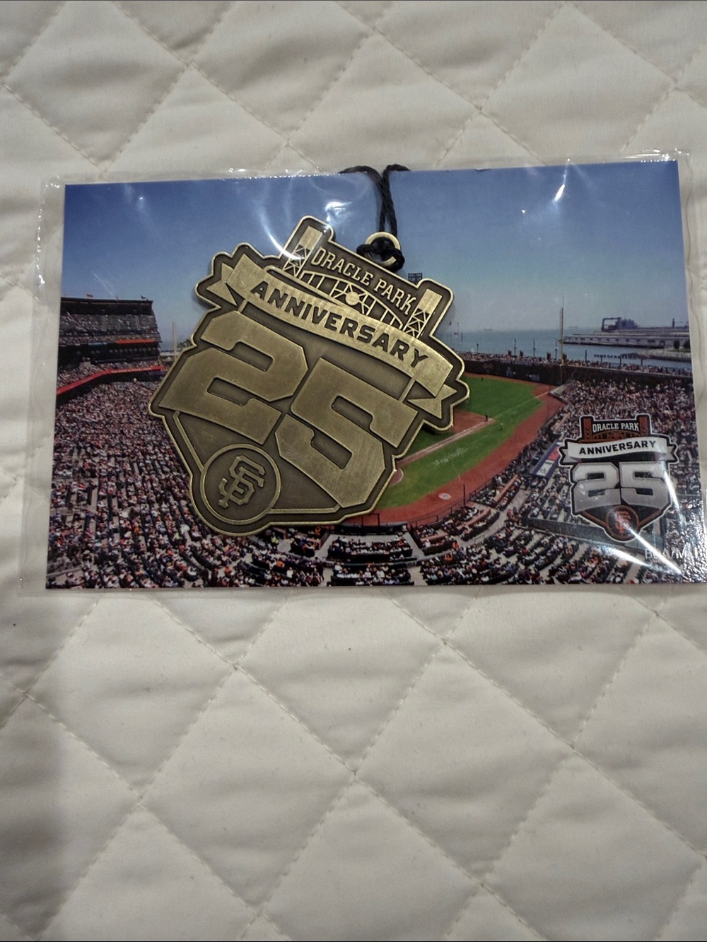 SF Oracle Park Graphic metal tag with Black String Accent and postcard photo